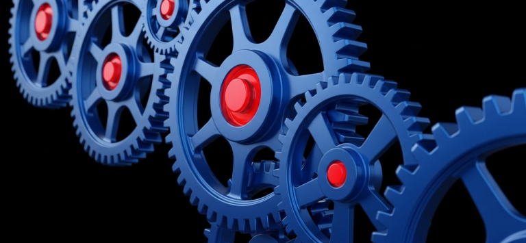 Digital Marketing & Design Blue gears with red centers arranged in a dynamic, cascading formation.